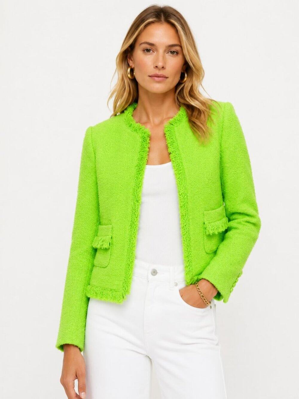 L’AGENCE Angelina Tweed Blazer Neon Citrus Lime Green Fringe Jacket Size 2 NWT